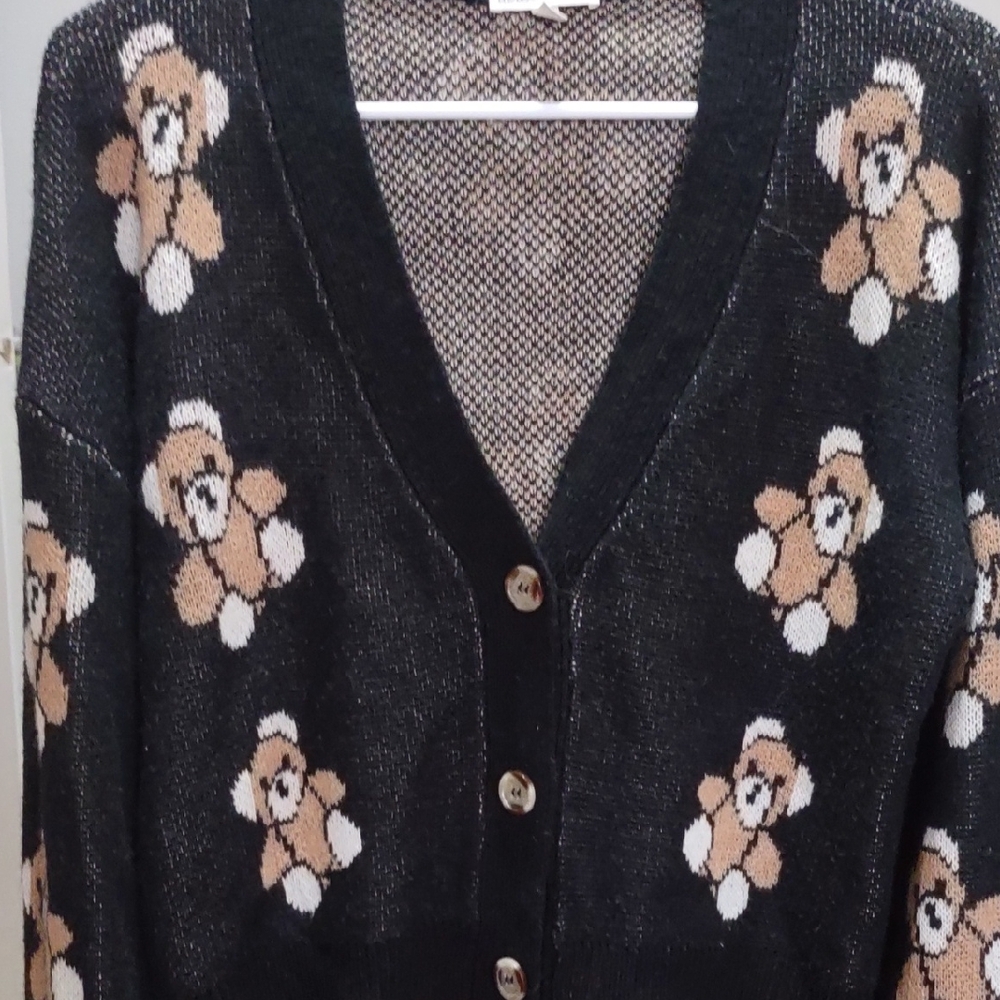 Derek Heart Black Cardigan with Teddy Bear Design